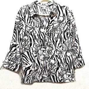 JM Collection Linen Button Up Shirt Black & White Floral Print Bow Tie Cuff